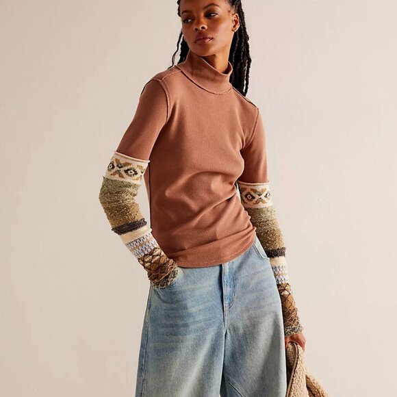 We The Free All Too Well Cuff Turtleneck Top in Raw Umber Combo XS NWT - Picture 4 of 12